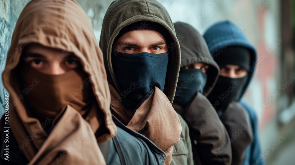 Young men in hoodies covering their faces.