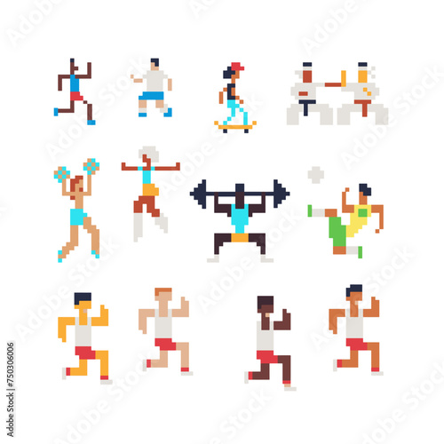Sport pixel art set, different sports, sportsmen runners skater cheerleaders karate, people characters, for game developers. Isolated vector illustration.