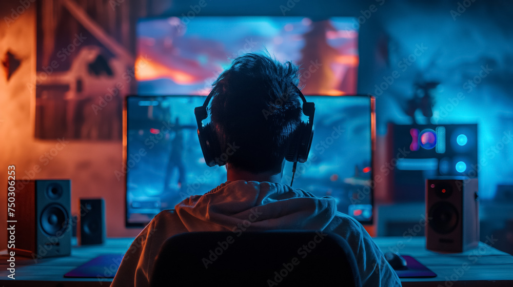 Gamer engrossed in an immersive setup. Gamer engrossed in an immersive setup.