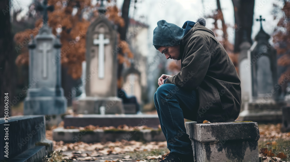 Man mourning alone in a cemetery. Man mourning alone in a cemetery.