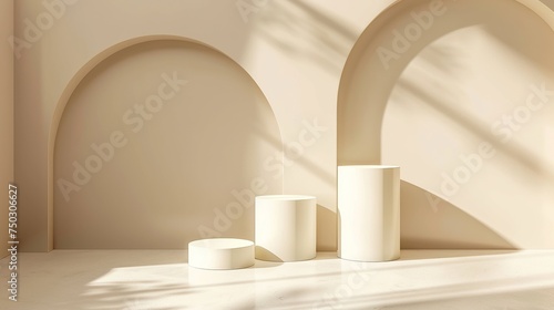 Staggered Cream Matte Cylinder Podiums in Arch Sunlight for Warm Backdrop © NoLimitStudio