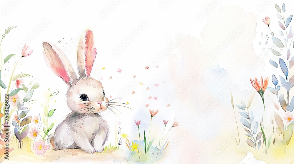 Vibrant Watercolour Bunny Illustration with Blank Card for Heartfelt Messages