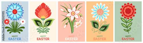 Happy Easter poster set with traditional ethnic pattern, folk ornament with flowers photo