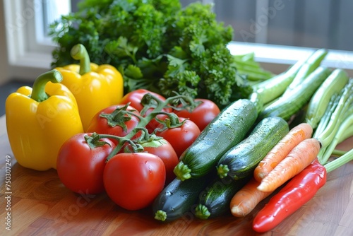 A collection of vibrant vegetables neatly arranged on a wooden table, showcasing the colors and textures of produce like tomatoes, bell peppers, carrots, and broccoli.
