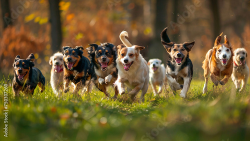 Group of happy dogs in various breeds running together on the field