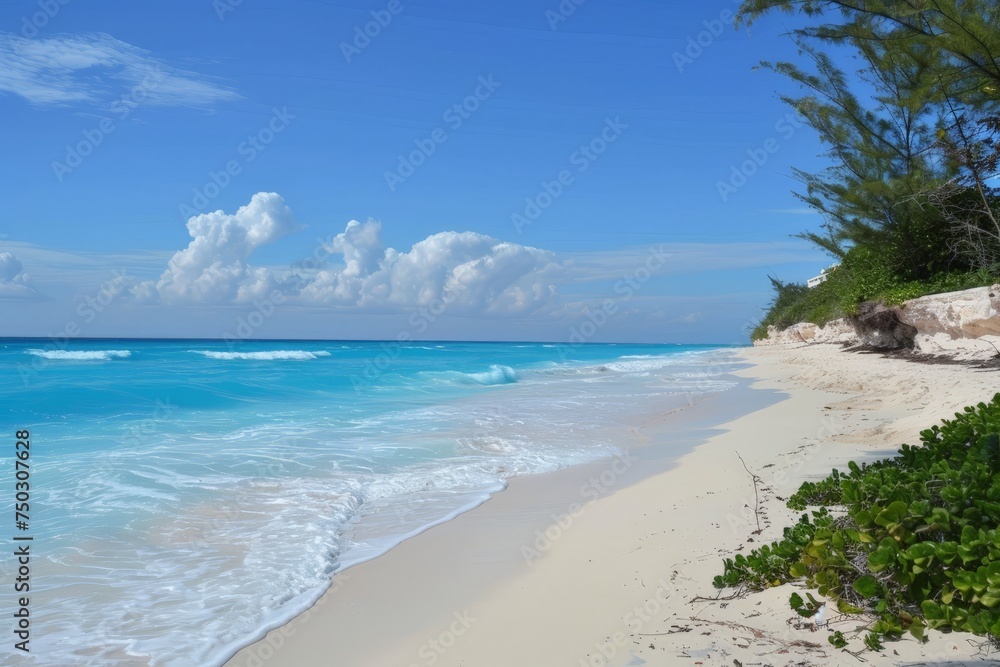 A sandy beach stretches out with blue water gently lapping at the shore. The pristine white sand contrasts beautifully with the deep blue of the ocean.