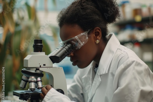 A female scientist in a white lab coat studying samples under a microscope in a laboratory setting.