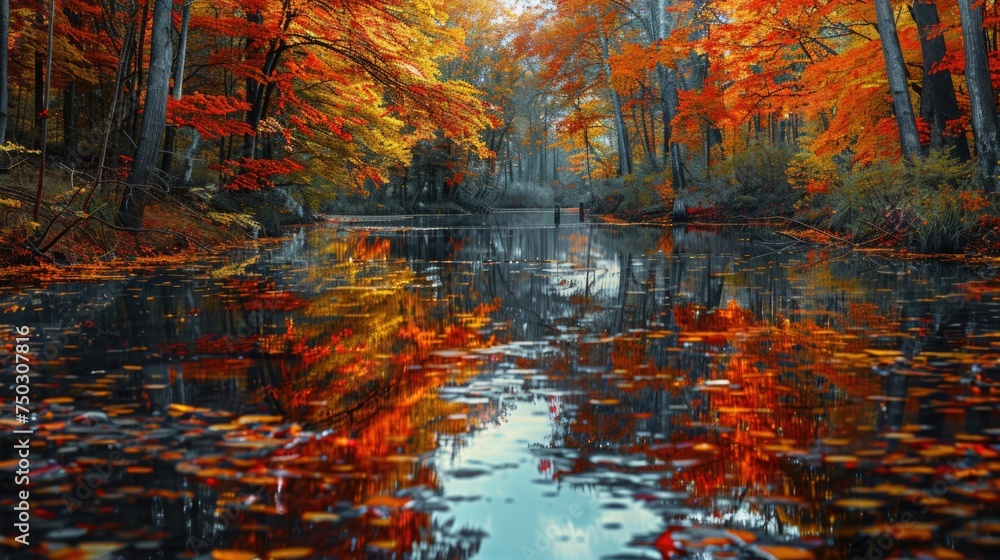 An autumn-hued forest reflects in the still waters of a lake, the vibrant reds and oranges creating a fiery mirage. This scene encapsulates the essence of fall's transformative beauty