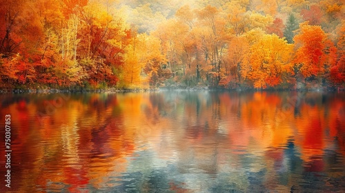 An autumn-hued forest reflects in the still waters of a lake, the vibrant reds and oranges creating a fiery mirage. This scene encapsulates the essence of fall's transformative beauty