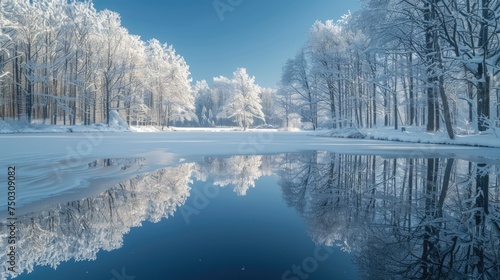 Snow-covered trees stand silently around a frozen lake, their white branches mirrored in the ice below. The stillness of the winter scene evokes a sense of peaceful solitude