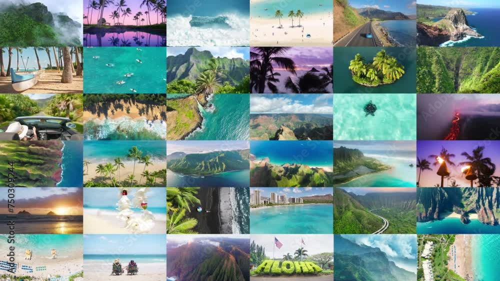 Scenic collage with dream trip concept. Perfect summer vacation on paradise Hawaii islands. Na Pali coast on Kauai island. Big Island Volcano National park, Waikiki hotels on Oahu, Maui resorts aerial Scenic collage with dream trip concept. Perfect summer vacation on paradise Hawaii islands. Na Pali coast on Kauai island. Big Island Volcano National park, Waikiki hotels on Oahu, Maui resorts aerial