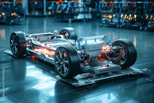 A miniature racing car model is displayed on a sleek metal platform. Futuristic electric sport fast car chassis and battery packs with high performance or future EV fatory production and prototype