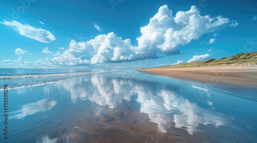 The summer sky's reflection on wet golden sands creates a mesmerizing scene at a tranquil beach, where the calm sea whispers of relaxation and warmth