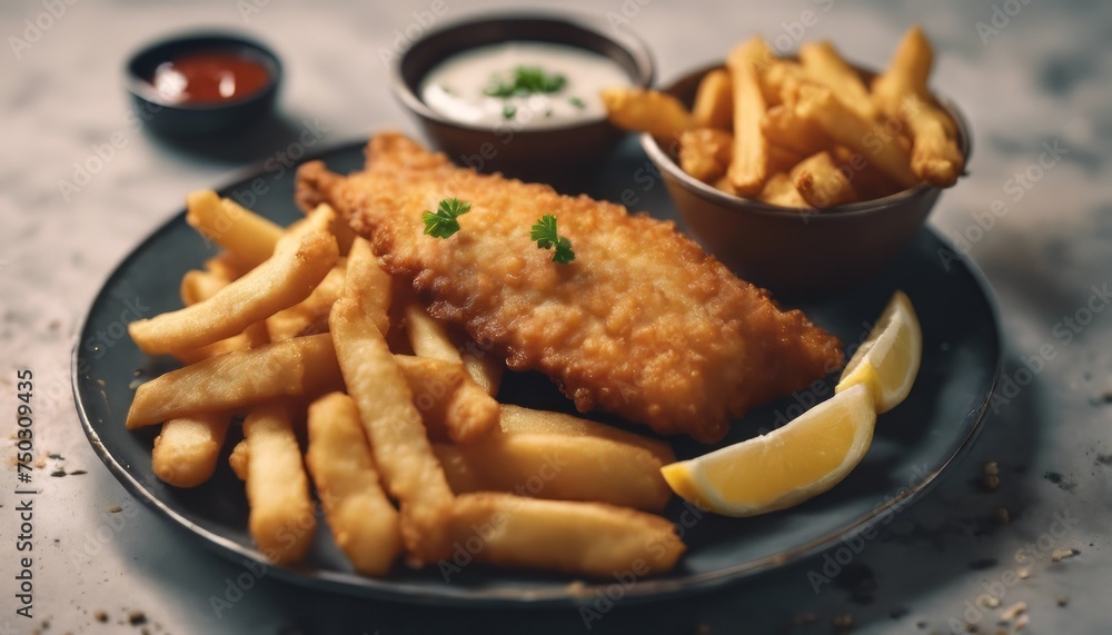 view of aesthetic fried fish and chips with garnish on top and sauce image background view of aesthetic fried fish and chips with garnish on top and sauce image background