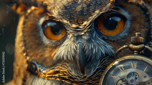 An owls wise gaze upon a treasured pocket watch symbolizing the timeless wisdom and legacy of nature photo