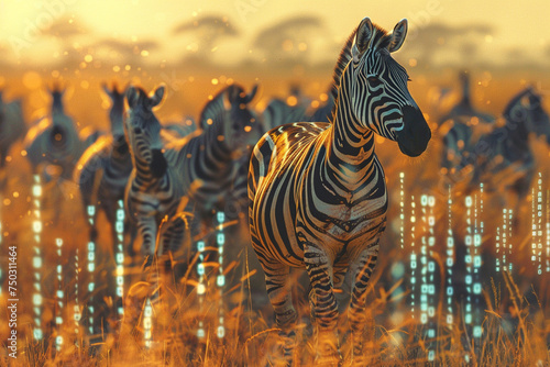 Zebras migrating across the plains their stripes blending into a dynamic graph of market trends and economic indicators photo