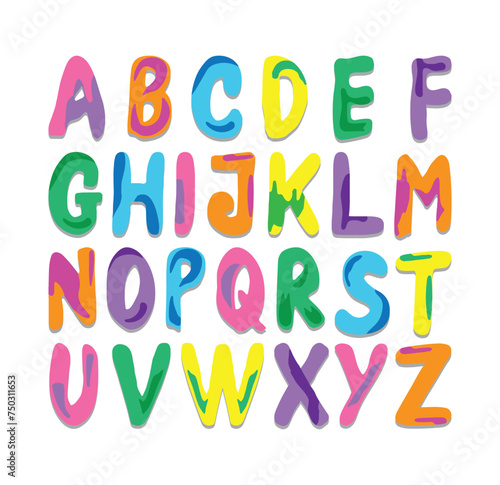 Colorful capital alphabet letters painted with various colors on a white backdrop.