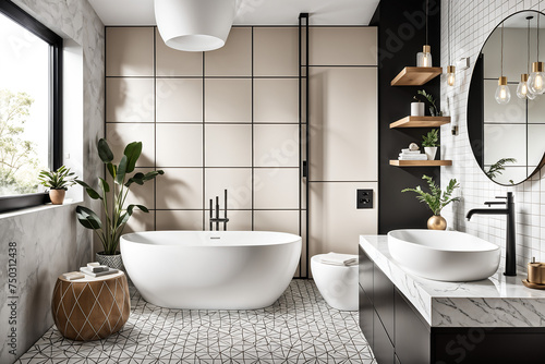 Gender-neutral bathroom with neutral tones  geometric patterns  and minimalist decor. 