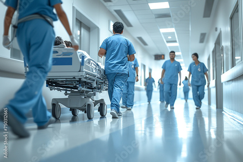 Nurses wheeling a patient to surgery in a hospital