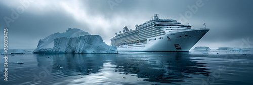Cruise Ship in the Arctic Ocean in Front of an Iceberg.