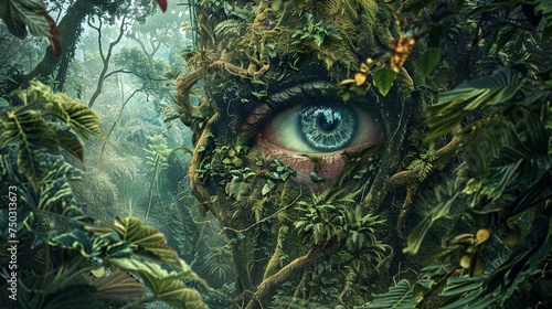 Under the canopy of a dense forest a hidden eyeball covered by lush foliage observes silently a guardian of the wilderness