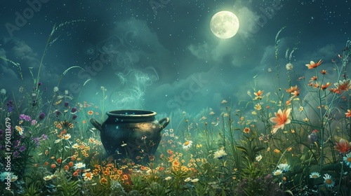 Under the moonlight a solitary cauldron sits in a field of flowers a mystical fusion of flora and potion
