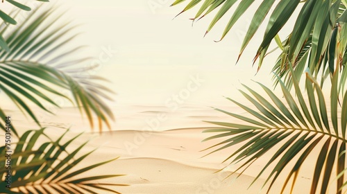 Tropical palm leaves on sand dune background. Summer vacation concept with copy space for display product.