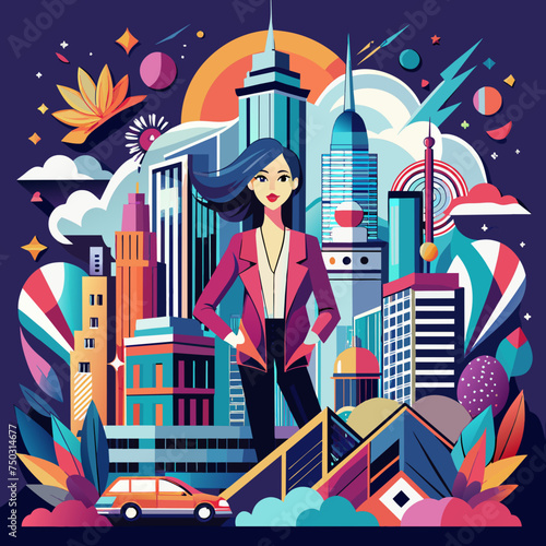 Tshirt Sticker Design of a Urban Chic in stylish cityscape design infused with modern fashion elements and urban flair