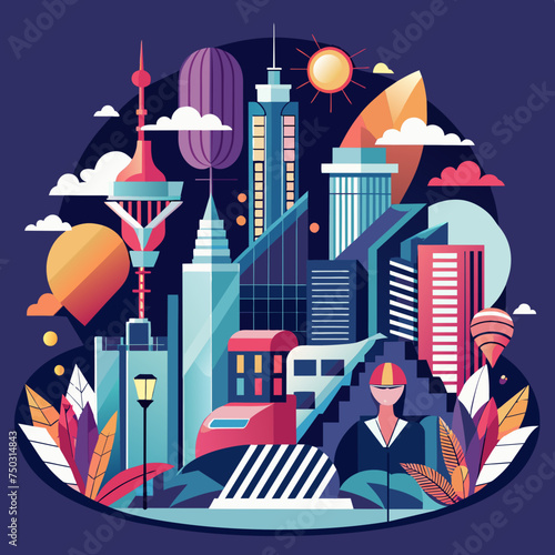 Tshirt Sticker Design of a Urban Chic in stylish cityscape design infused with modern fashion elements and urban flair