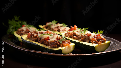 An airy and well-lit setting adorned with a plate of delicious meat-stuffed zucchini boats, strategically placed for incorporating text or logos, capturing the essence of a modern culinary.