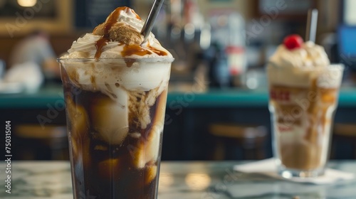 root beer float on a green marble counter,