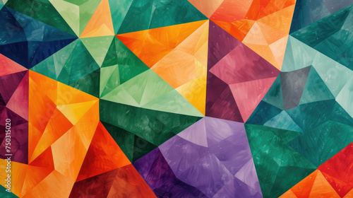 Geometric abstract background with overlapping triangles in green, orange, and purple for modern artistic wallpaper