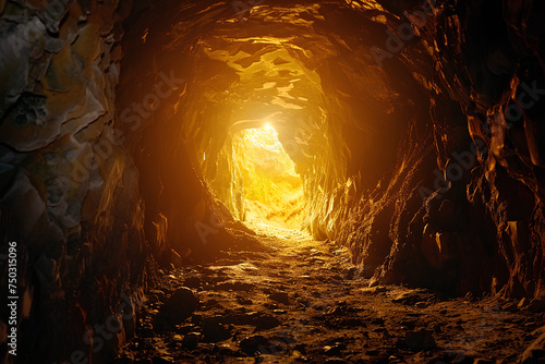 A dimly lit gold mine tunnel evokes the historical quest for riches  shrouded in mystery as it delves into the depths of the earth. The entrance to the land holds an aura of intrigue  hinting at the s