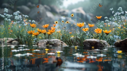A natural pond mirrors the bright colors of surrounding wildflowers, creating a tranquil scene of floral beauty and water's stillness © Nakarin