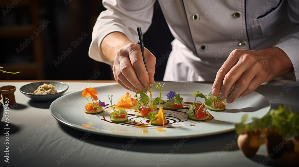 A sophisticated scene capturing a modern food stylist meticulously decorating a gourmet meal for presentation in a high-end restaurant.
