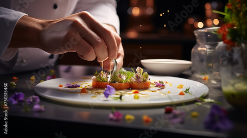  A modern food stylist meticulously decorating a gourmet meal for presentation in a high-end restaurant  focusing on the close-up of the stylist s hands delicately arranging garnishes and sauces .