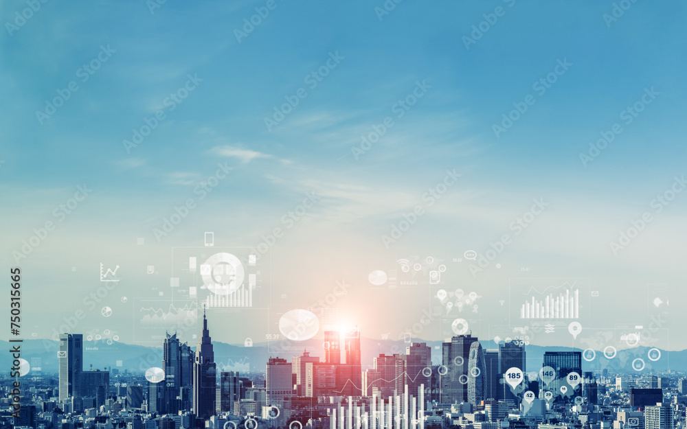 Fototapeta premium Modern city and digital technology concept. Smart city. Digital transformation. Visual with copy space for advertisements and banners