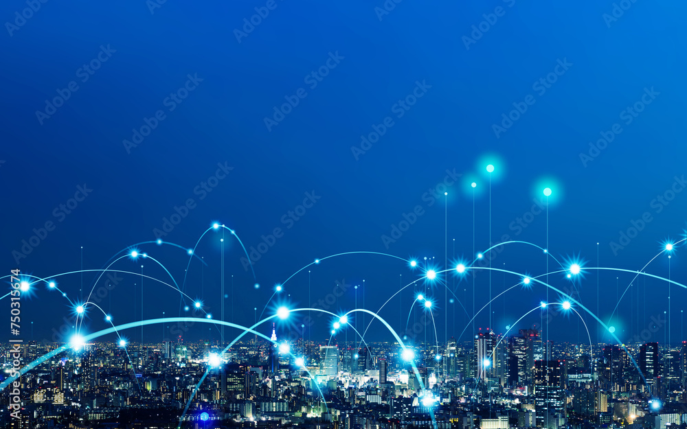 Modern city and wireless communication network concept. Smart city. Digital transformation. Visual with copy space for advertisements and banners