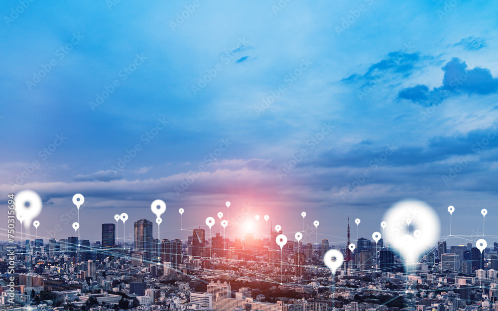 Obraz premium Modern city and location information network concept. GPS. Navigation map. Social networking service. Visual with copy space for advertisements and banners