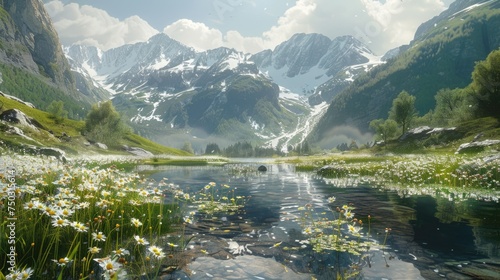 A tranquil valley unfolds under the majestic alpine peaks, with wildflowers blooming along the gentle streams. The springtime scene is a vibrant tapestry of colors reflecting in the serene waters