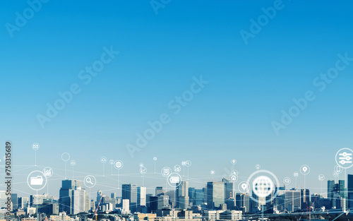 Modern city and wireless communication network concept. Smart city. Digital transformation. Visual with copy space for advertisements and banners photo