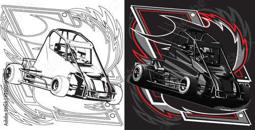 Outline and painted racing car. Isolated in black background, for t-shirt design, print and for business purposes.