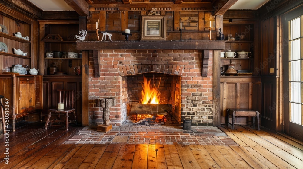 A beautiful, cozy fireplace with natural brick, a wood mantle, and hardwood floors.