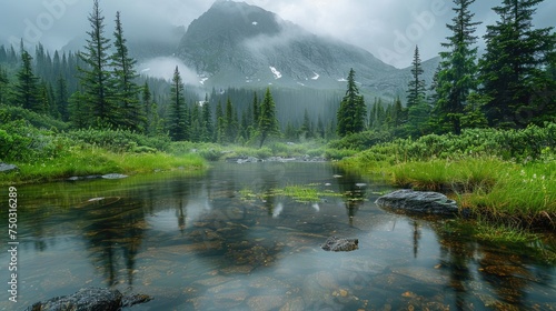 Clouds weave through the rugged mountain landscape  casting dramatic shadows over the wild terrain. The mirrored surface of a serene mountain stream captures the fleeting beauty of a moody sky