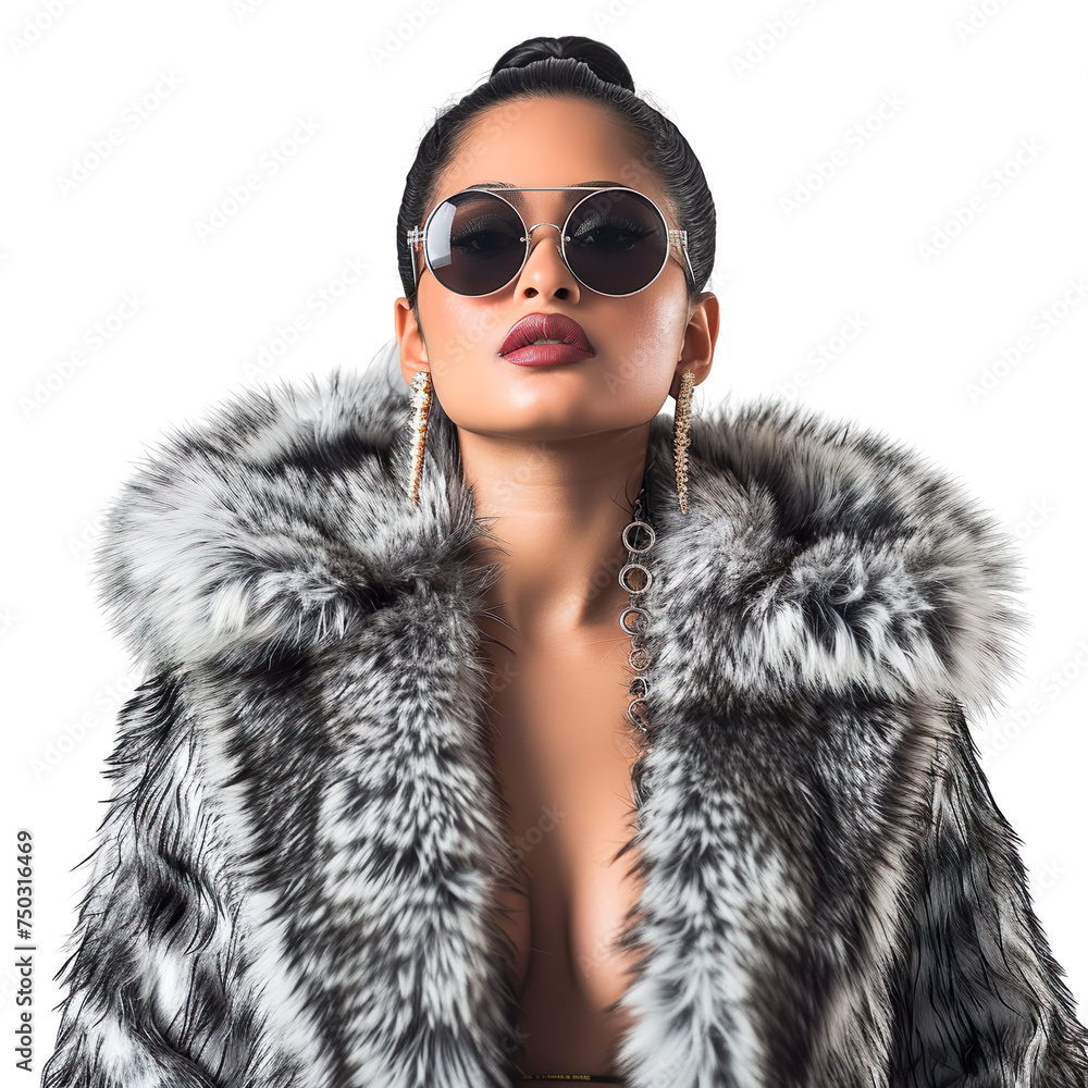 Front view mid body shot of a stunningly elegant female Indian model adorned in a sophisticated lynx fur coat with sunglasses on a transparent white background Front view mid body shot of a stunningly elegant female Indian model adorned in a sophisticated lynx fur coat with sunglasses on a transparent white background
