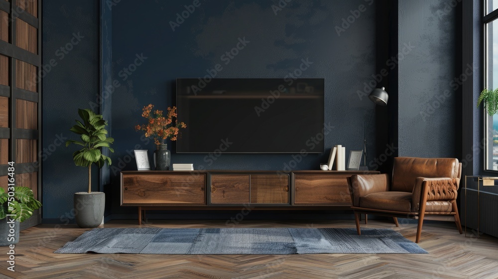 Fototapeta premium Cabinet for TV in modern living room with leather armchair have empty dark blue wall background.3D rendering