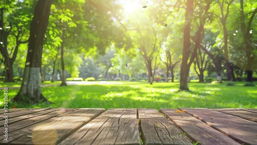 green forest with wooden table. empty wood table top and blurred green tree. seamless looping overlay 4k virtual video animation background