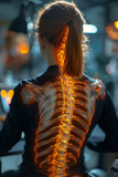  highlighted spine of a full body of a woman with neck and back pain in the office, medical concept, office syndrome	