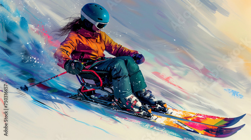 Digital art of an adaptive skier in action on snowy slope.