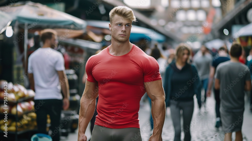 Confident young man in a red shirt walking through a busy market street.